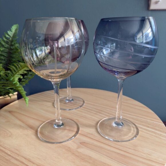 3 Cristal DArques Durand Etched Balloon Wine Goblets Blue Purple & Yellow France - Picture 2 of 7